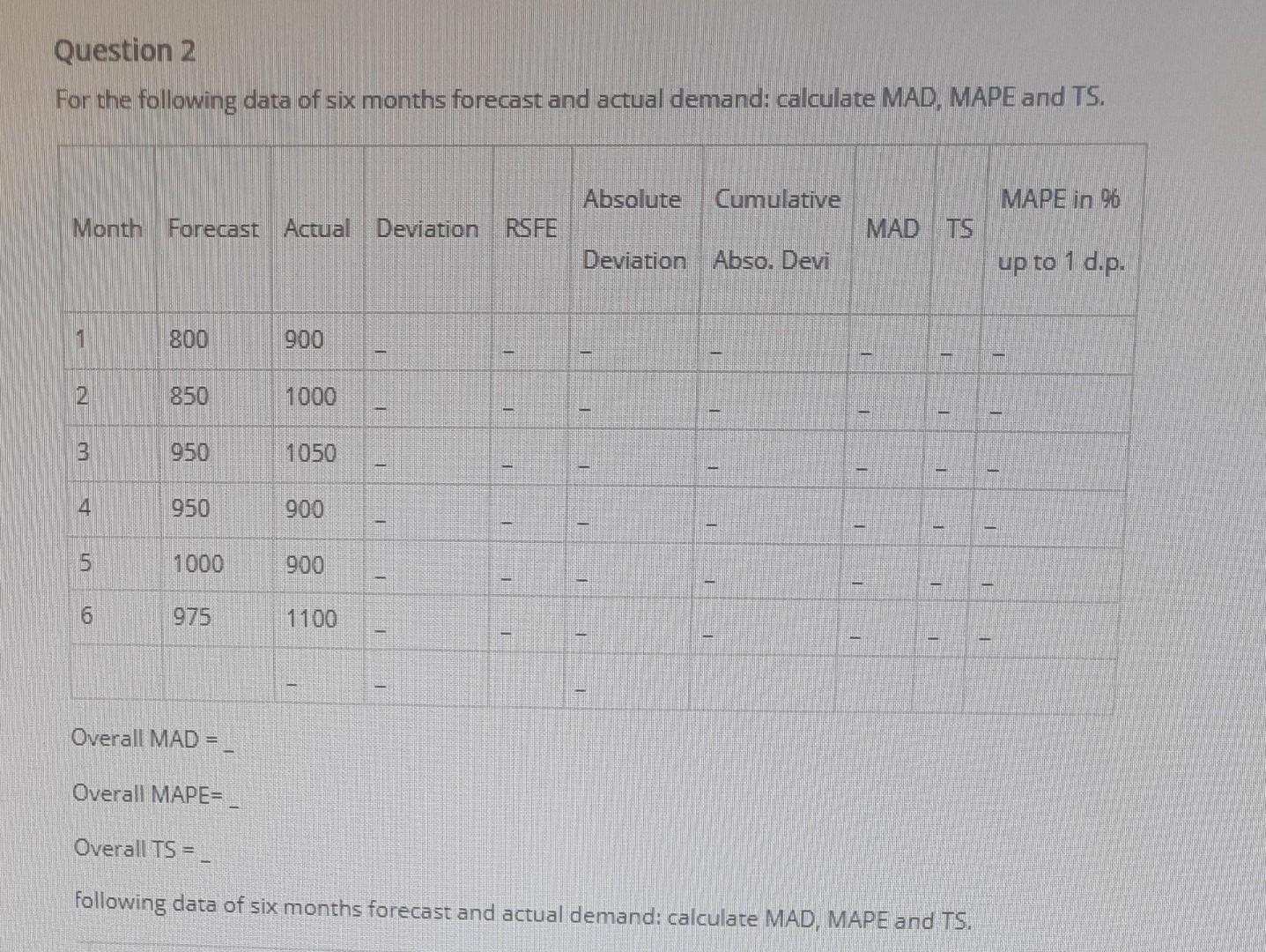 Pls help Question 2 For the following data of six
