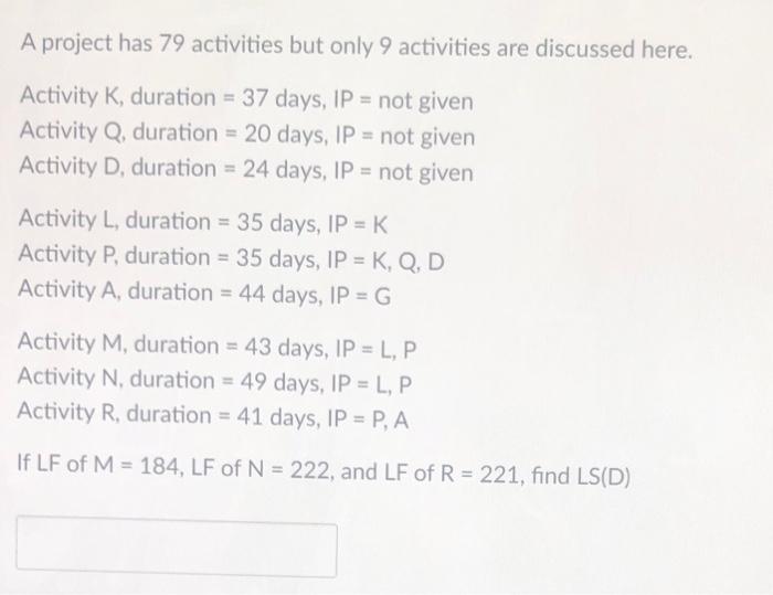 A project has 79 activities but only 9 activities