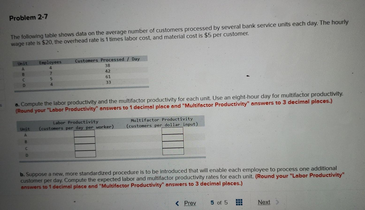 Problem 2-7 The following table shows data on the