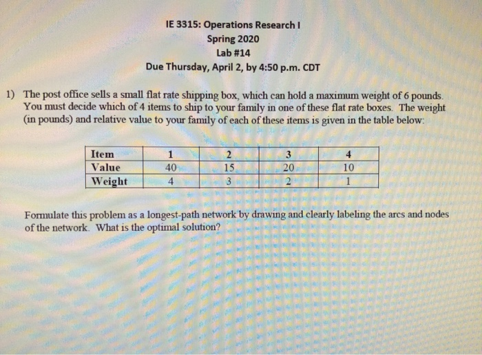 IE 3315: Operations Research I Spring 2020 Lab