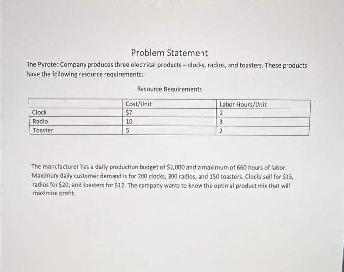 Problem Statement The Pyrotec Company produces