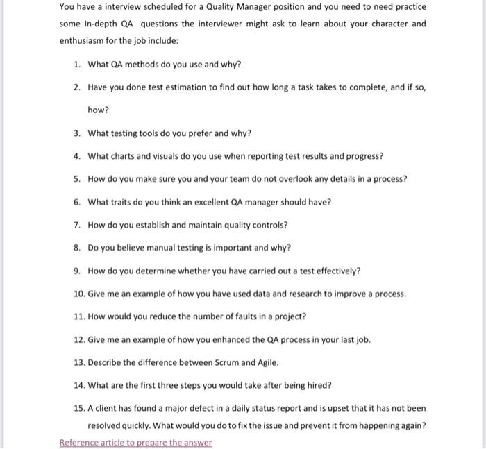 You have a interview scheduled for a Quality