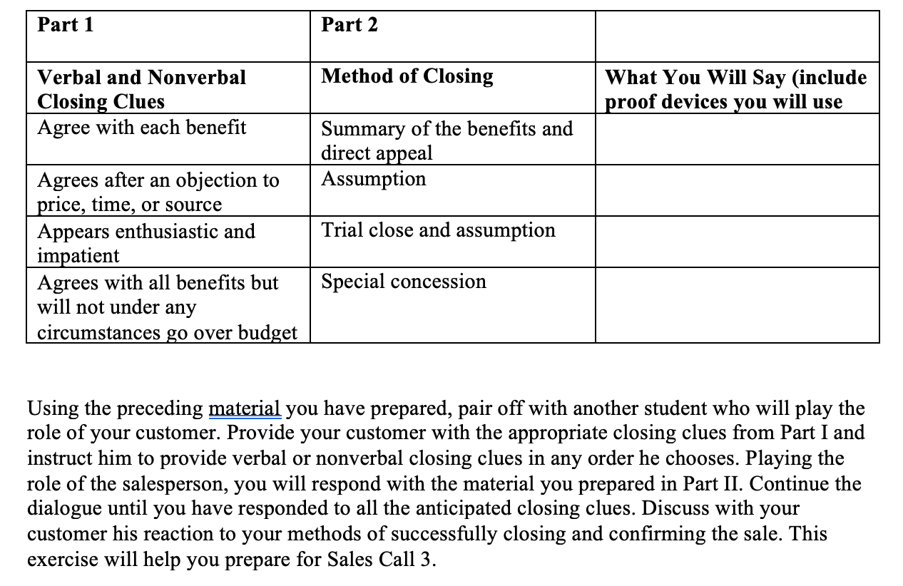 Part 1 Part 2 What You Will Say (include proof