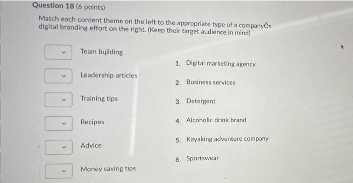 Question 18 (6 points) Match each content theme