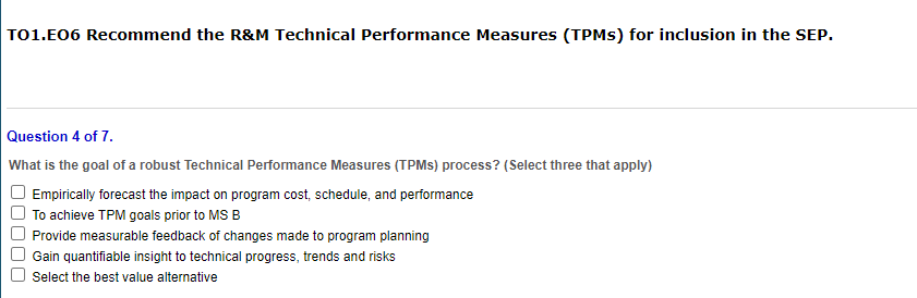 TO1.E06 Recommend the R&M Technical Performance