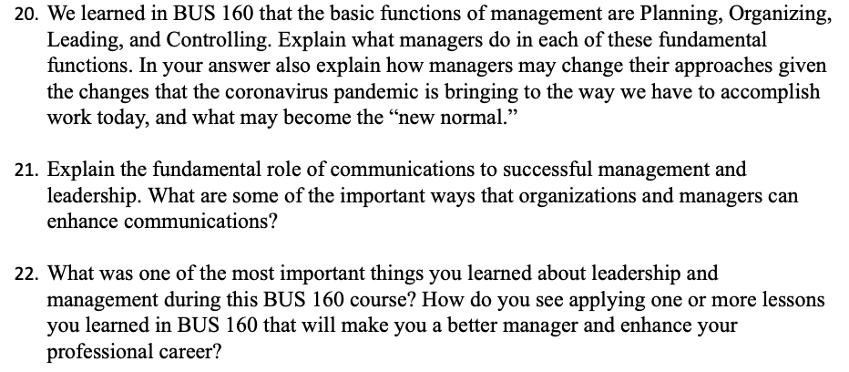 20. We learned in BUS 160 that the basic