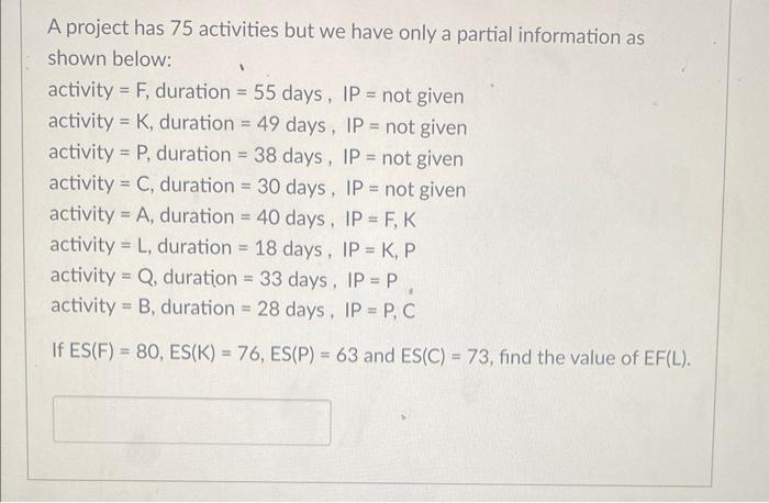 A project has 75 activities but we have only a