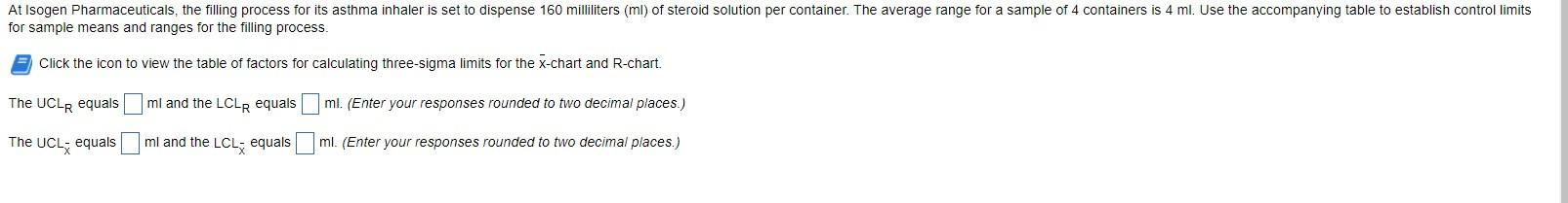 for sample means and ranges for the filling
