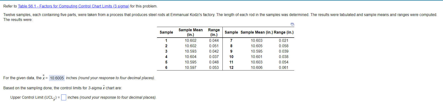 Refer to Table S6.1 - Factors for Computing