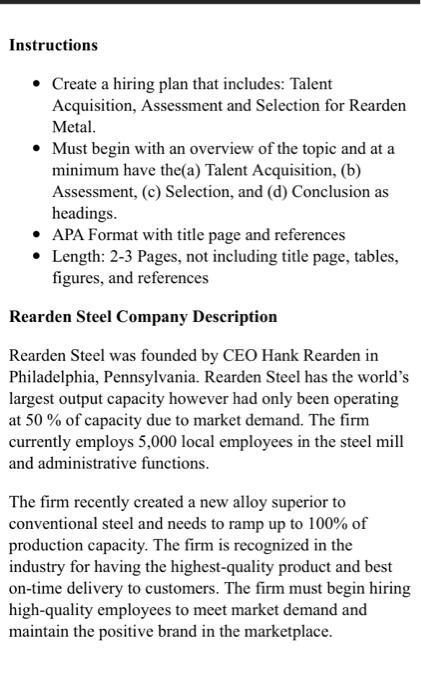 Instructions Create a hiring plan that includes: