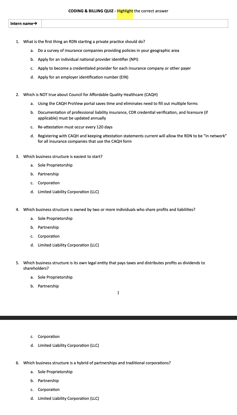 CODING & BILLING QUIZ - Highlight the correct