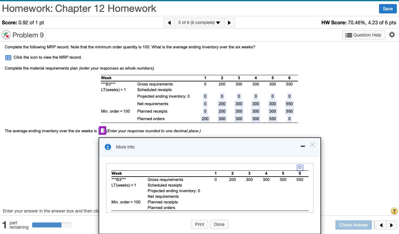 The average ending inventory over the six weeks
