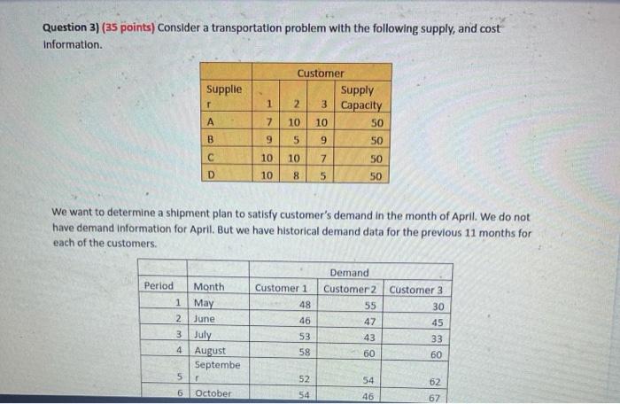 Question 3) (35 points) Consider a transportation