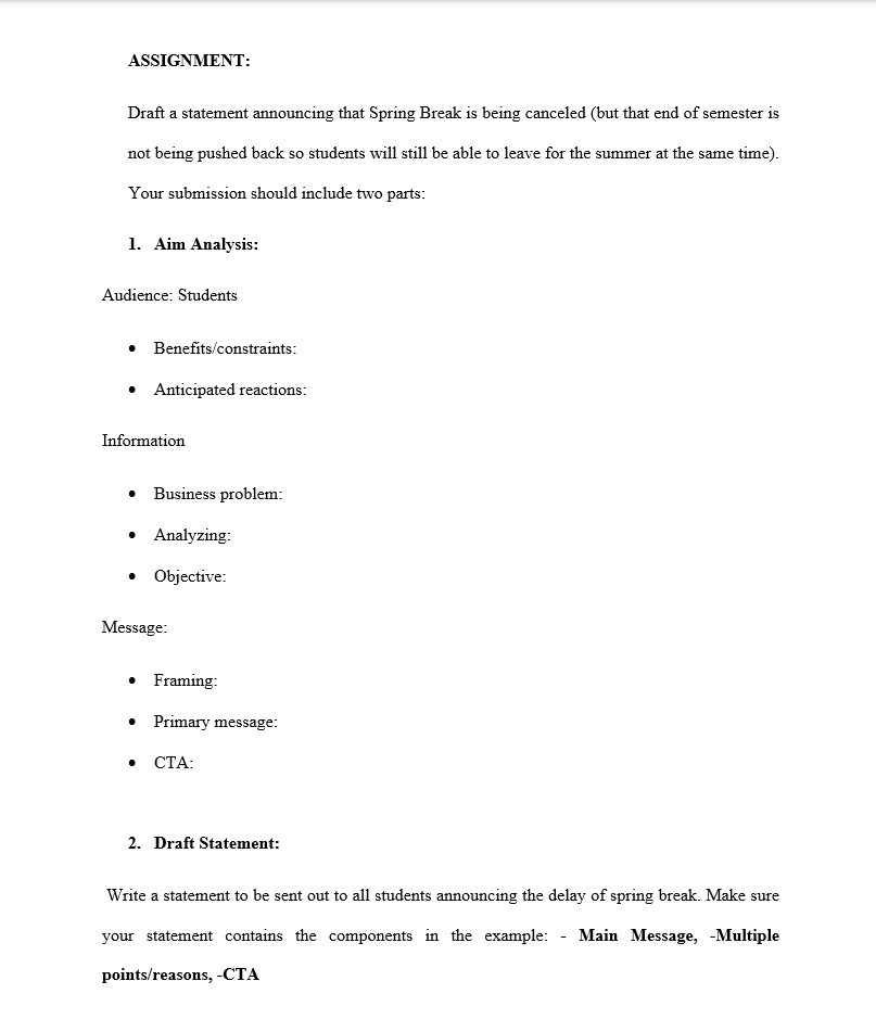 ASSIGNMENT: Draft a statement announcing that