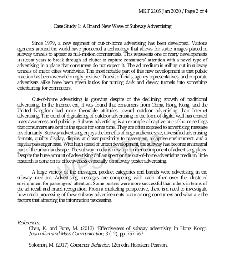 MKT 2105 Jan 2020 / Page 2 of 4 Case Study 1: A