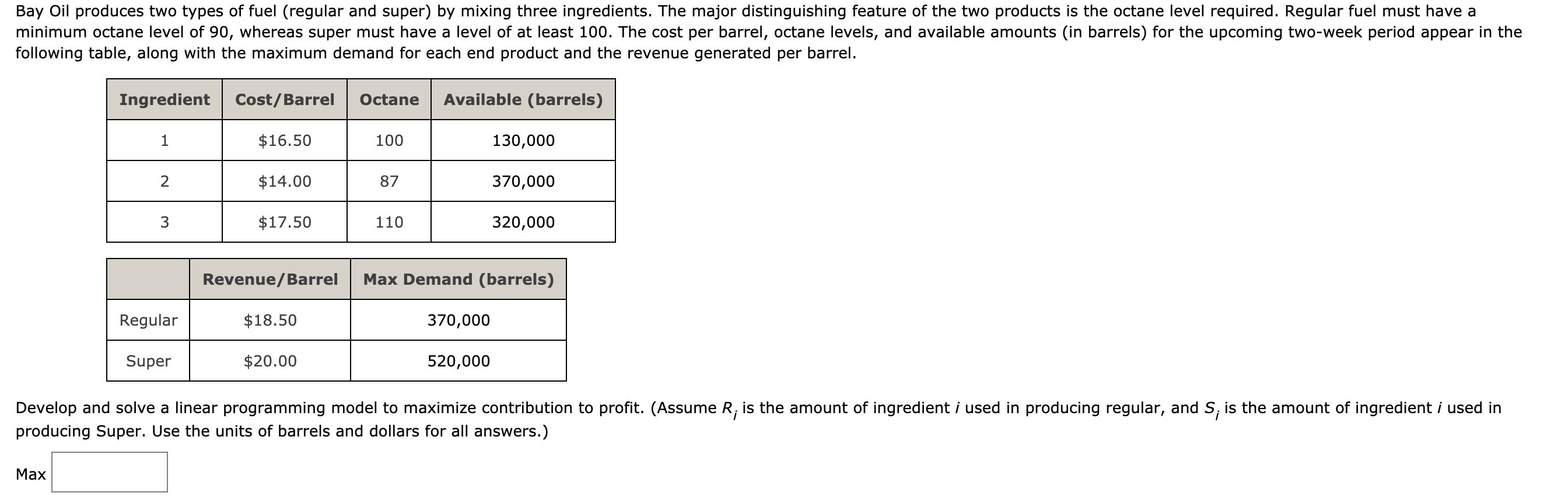 Bay Oil produces two types of fuel (regular and