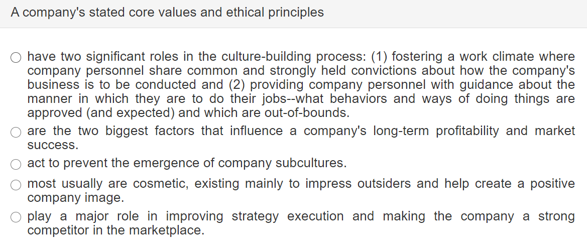 A company's stated core values and ethical