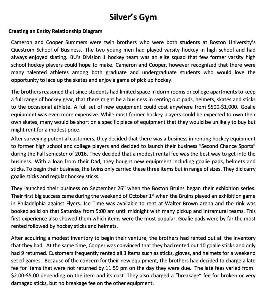 Silver's Gym Creating an Entity Relationship