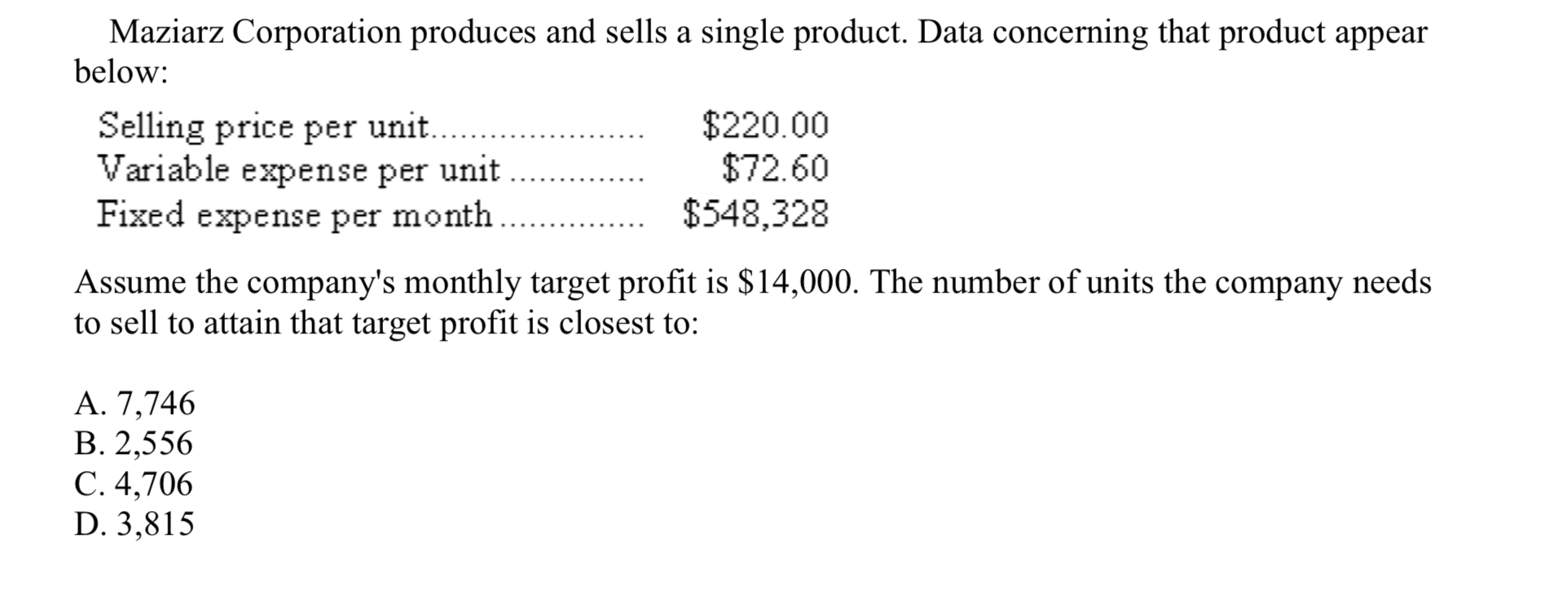 Managerial accounting Multiple Choice Question