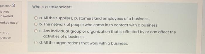 Question 3 Who is a stakeholder? Hot yet answered