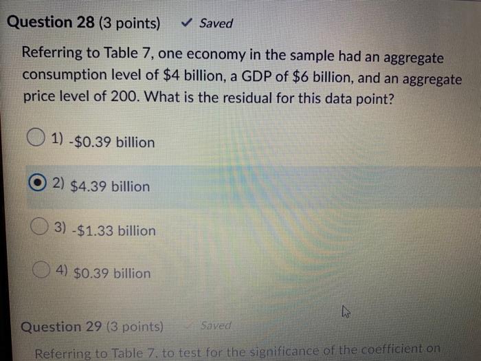 Question 28 (3 points) Saved Referring to Table