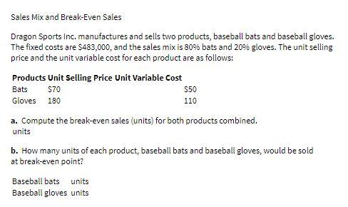 Sales Mix and Break-Even Sales Dragon Sports Inc.