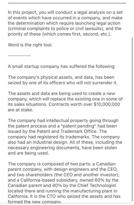 In this project, you will conduct a legal