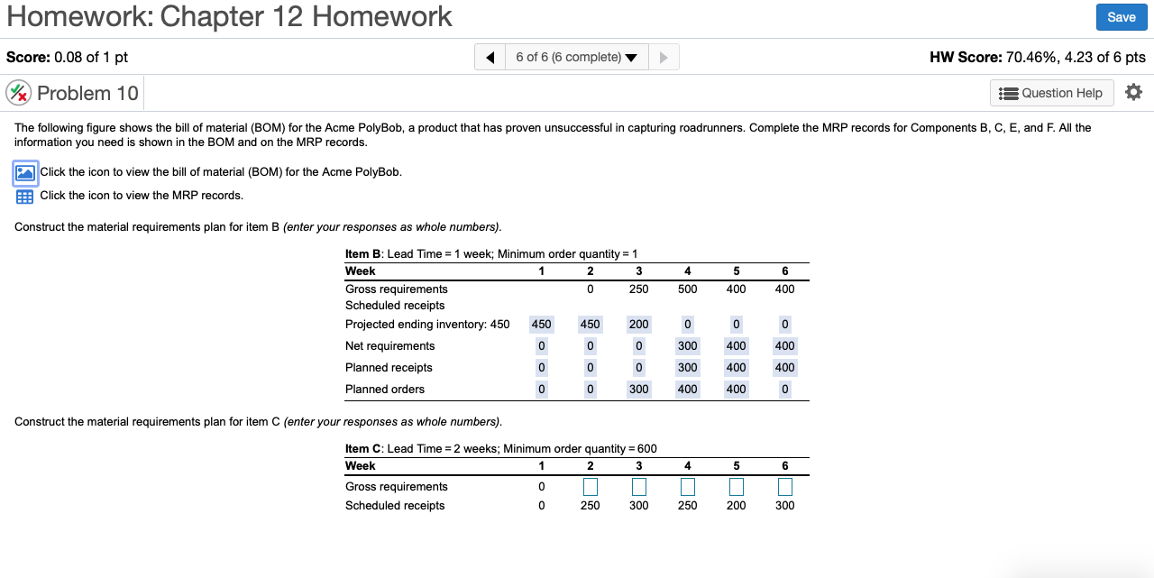 Construct the material requirements plan for item