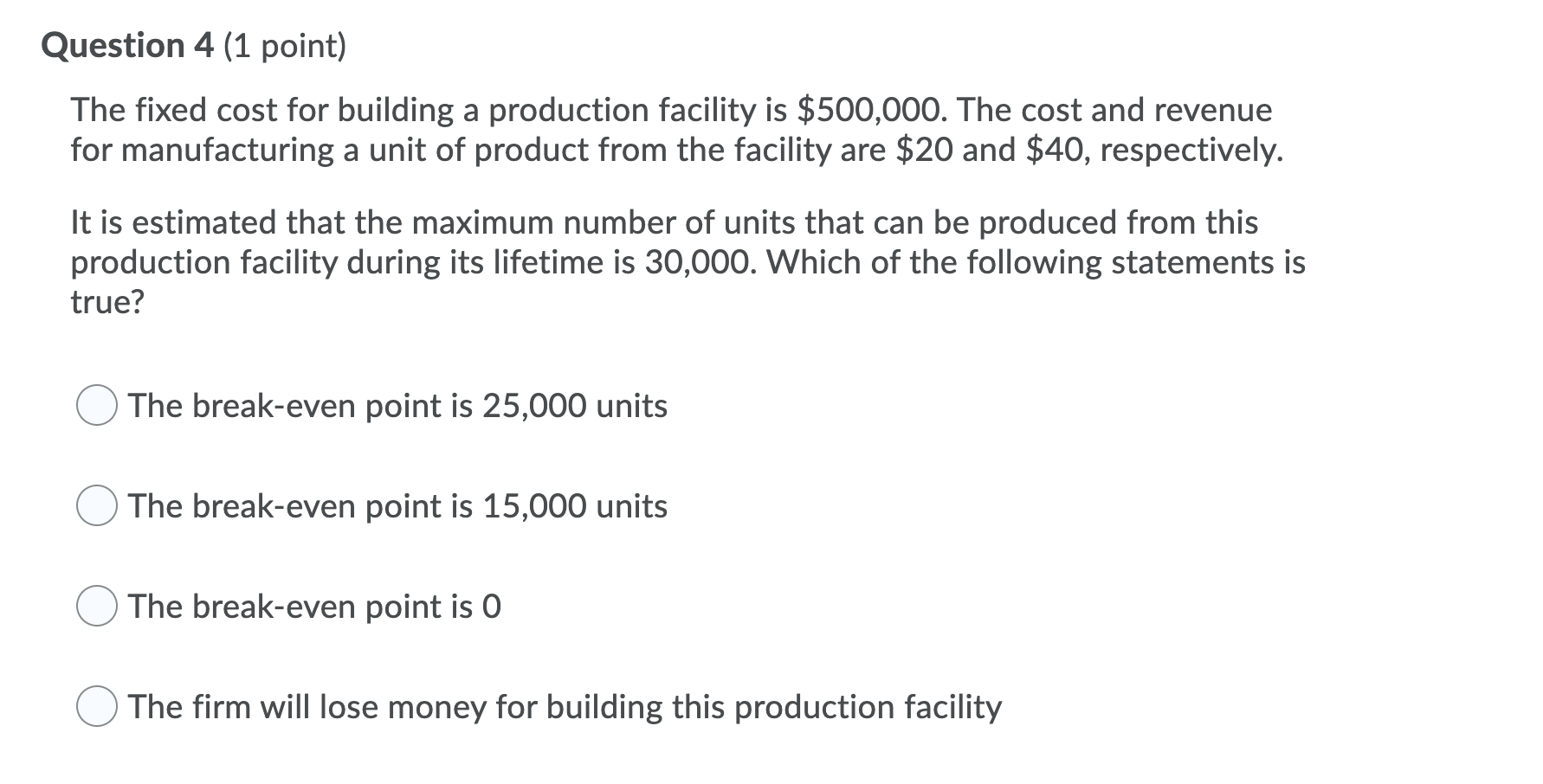 Question 4 (1 point) The fixed cost for building