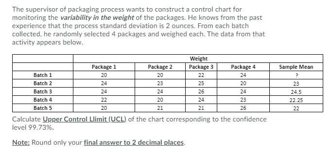 The supervisor of packaging process wants to
