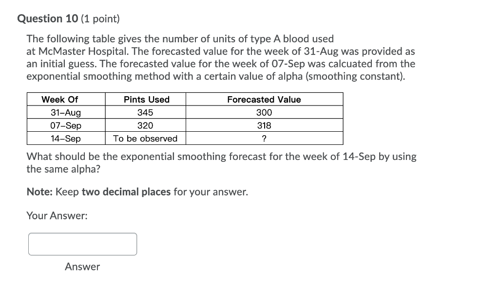 Question 10 (1 point) The following table gives