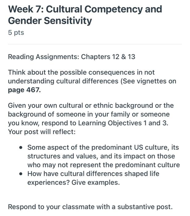 Week 7: Cultural Competency and Gender