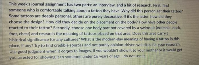 This week's journal assignment has two parts: an