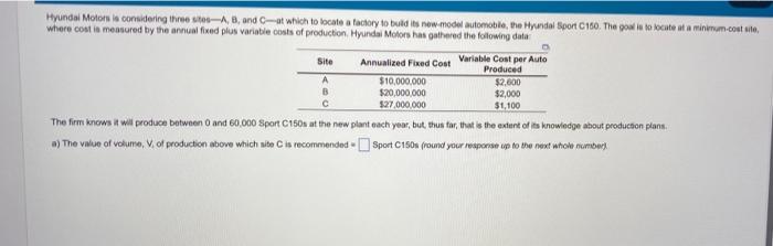 Hyundai Motors is considering three sites-A, B,