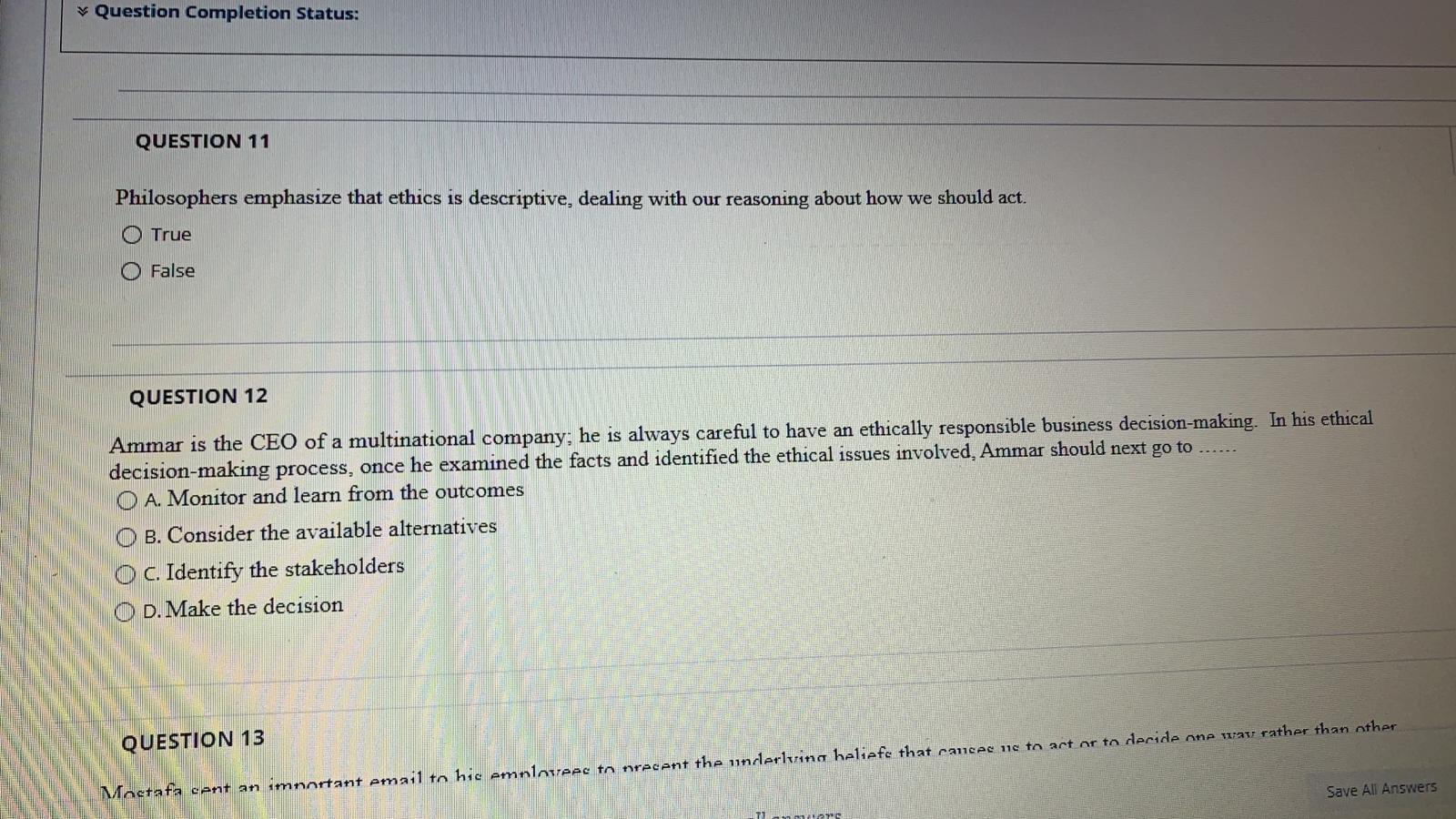 Question Completion Status: QUESTION 11