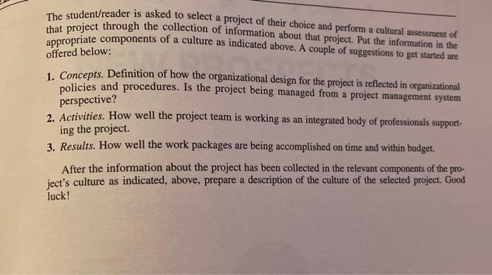 The student/reader is asked to select a project