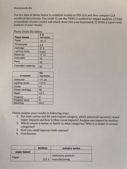 Homework #4 Use the data in tables below to