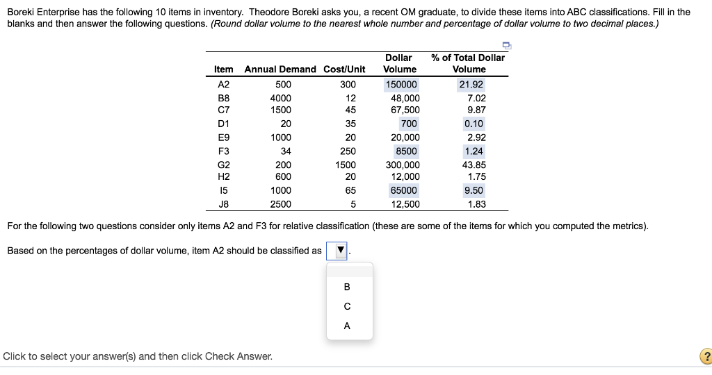 Boreki Enterprise has the following 10 items in