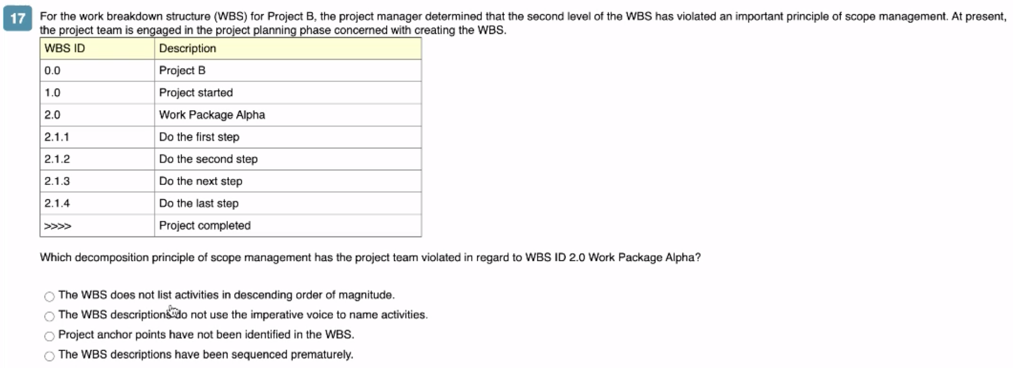 0.0 1.0 17 For the work breakdown structure (WBS)