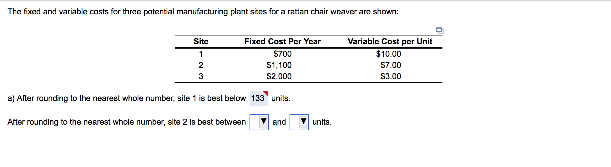 The fixed and variable costs for three potential