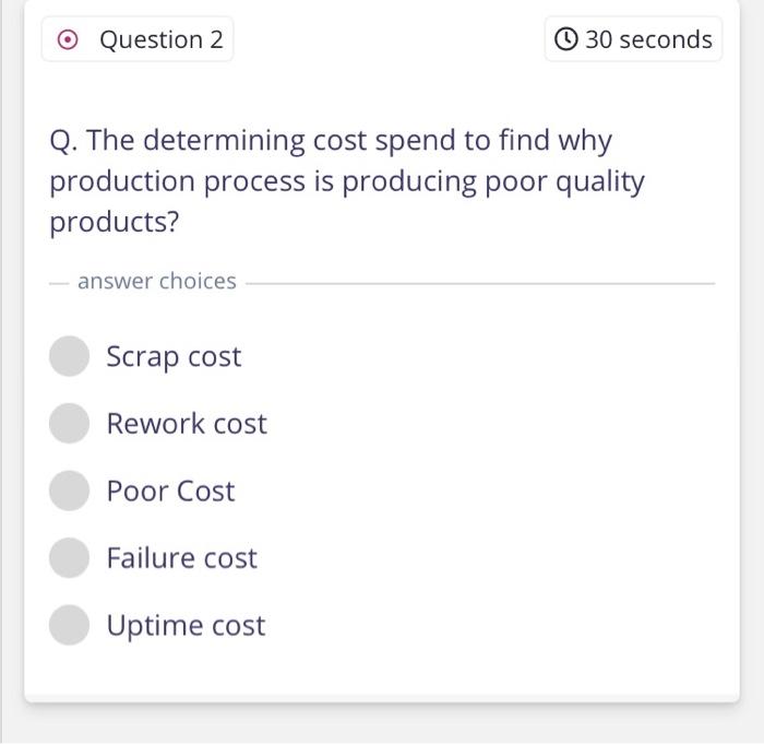O Question 2 0 30 seconds Q. The determining cost
