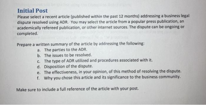 Initial Post Please select a recent article