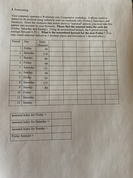 8. Forecasting Your company operates a Weekends
