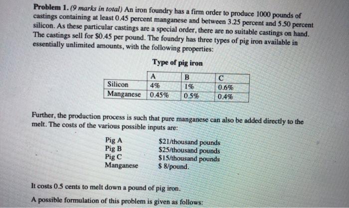 Problem 1. (9 marks in total) An iron foundry has