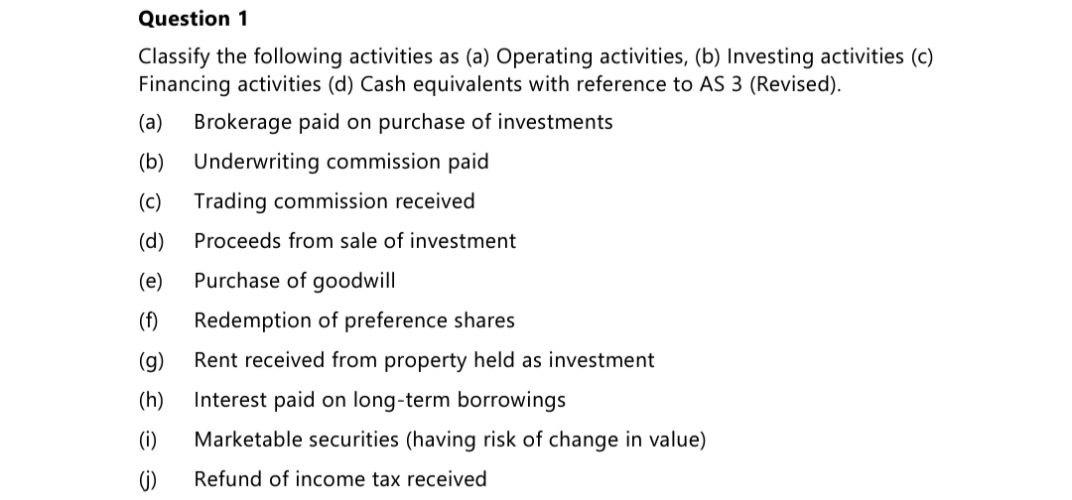 Question 1 Classify the following activities as