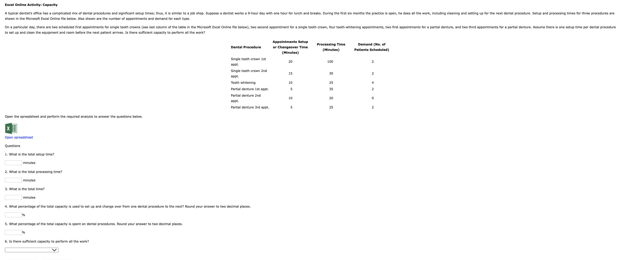 Excel Online Activity: Capacity open, he does all