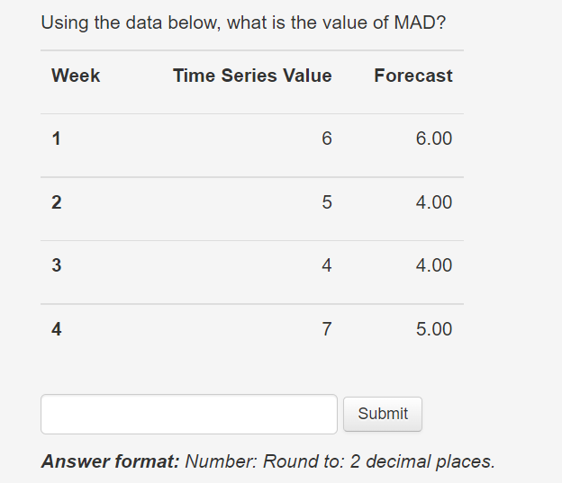 Using the data below, what is the value of MAD?