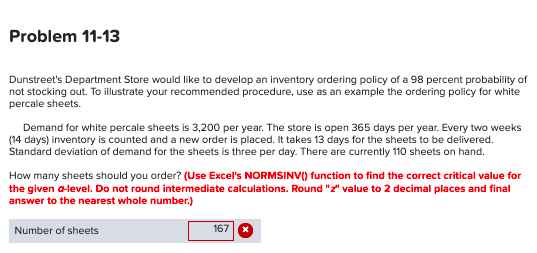 Problem 11-13 Dunstreet's Department Store would