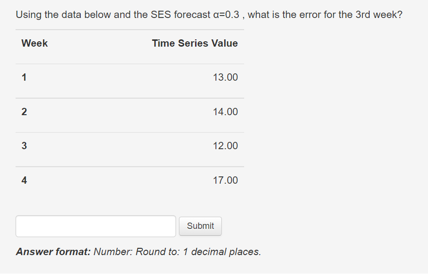 Using the data below and the SES forecast =0.3,