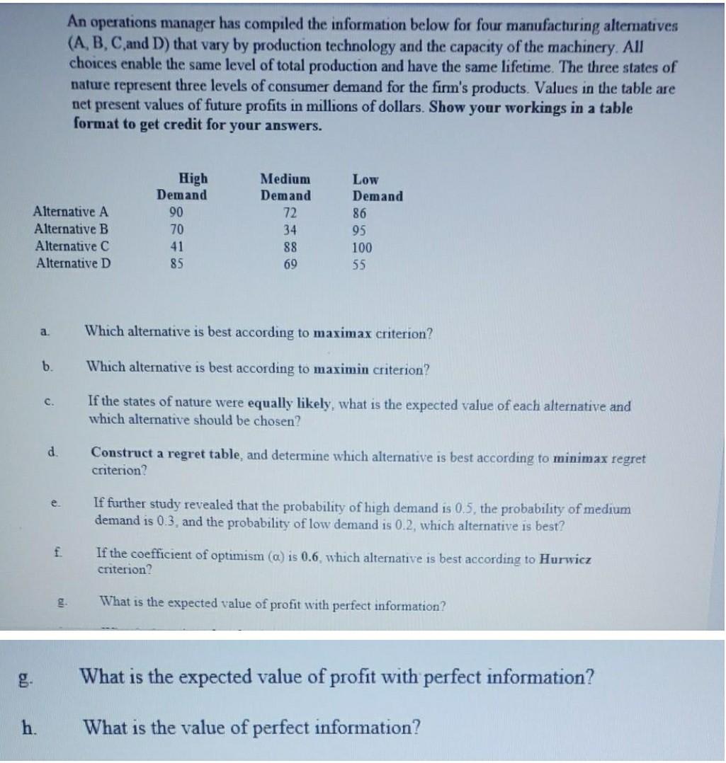 An operations manager has compiled the